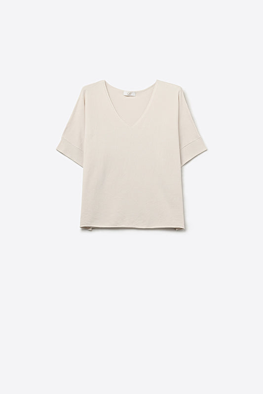 Pull à manches courtes décontracté à col en V en beige
