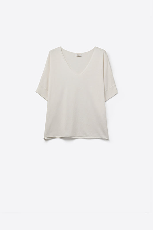 Pull blanc à manches courtes et col en V, coupe décontractée