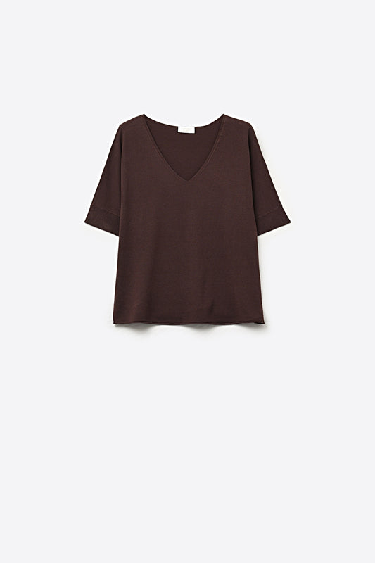 Top Marron en tricot décontracté à col en V et manches courtes