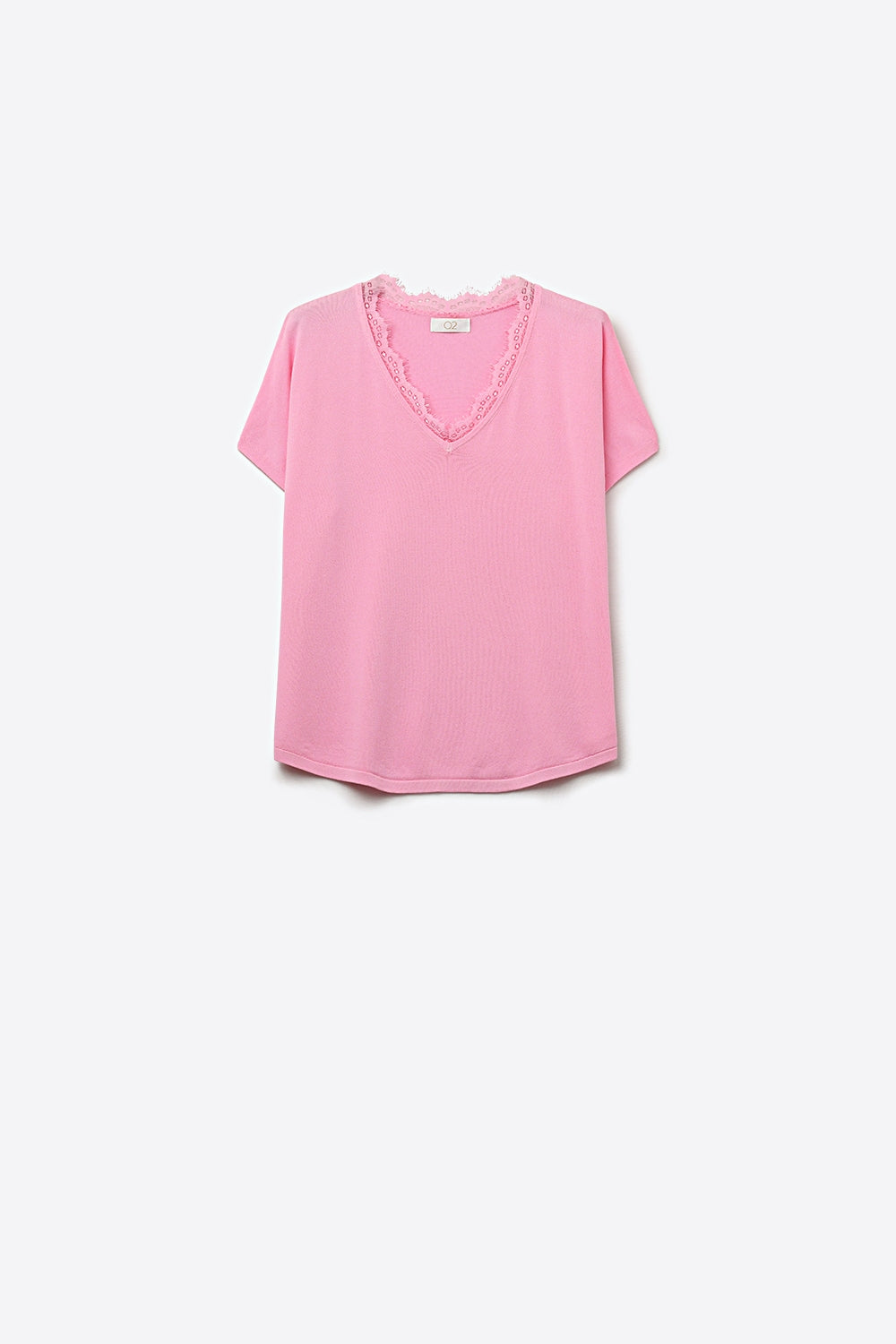 Pull en maille fine et douce avec col en V et bordures en dentelle en rose