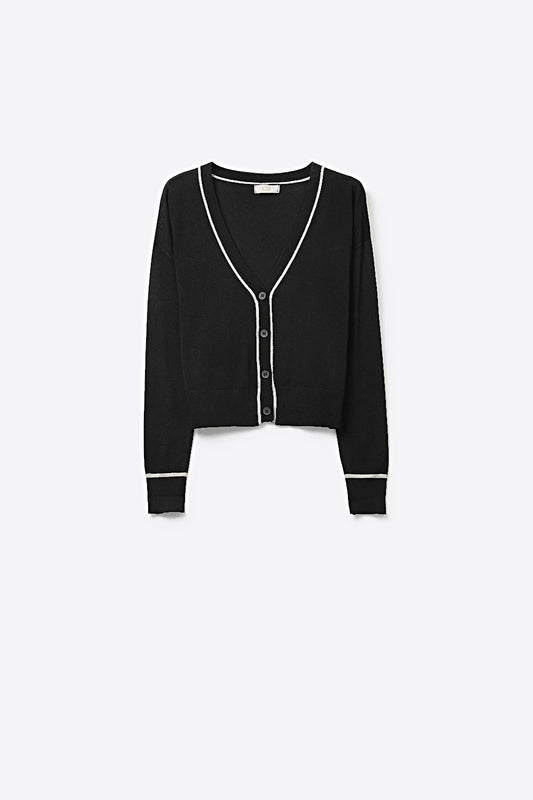 Cardigan noir en maille fine avec bordure contrastée en blanc