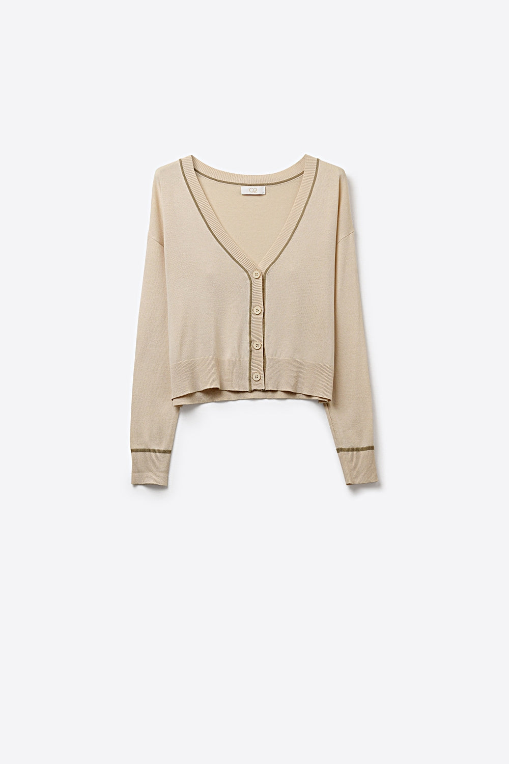 Cardigan en maille fine beige avec bordures contrastées en marron