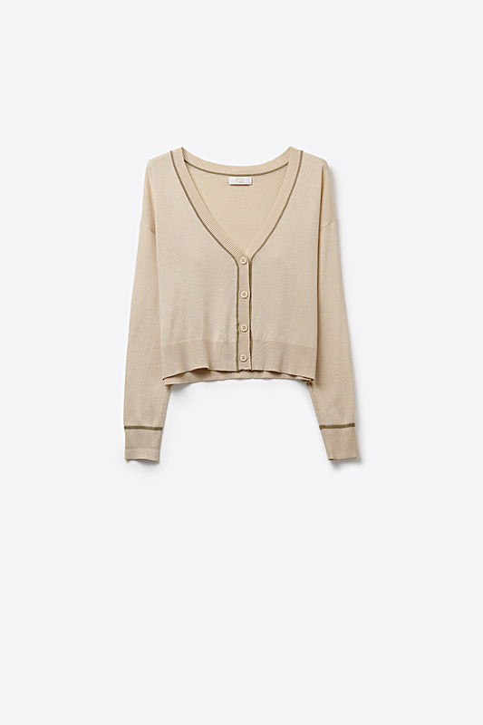 Cardigan en maille fine beige avec bordures contrastées en marron