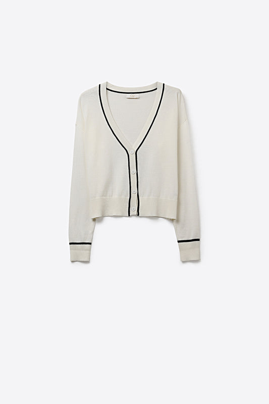 Cardigan blanc en maille fine avec bordures contrastées en noir