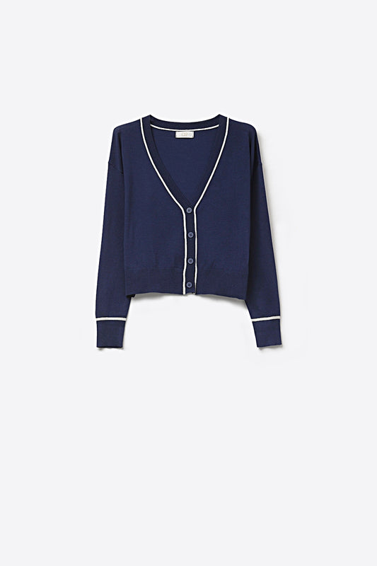 Cardigan en maille fine marine avec bordures contrastées en blanc
