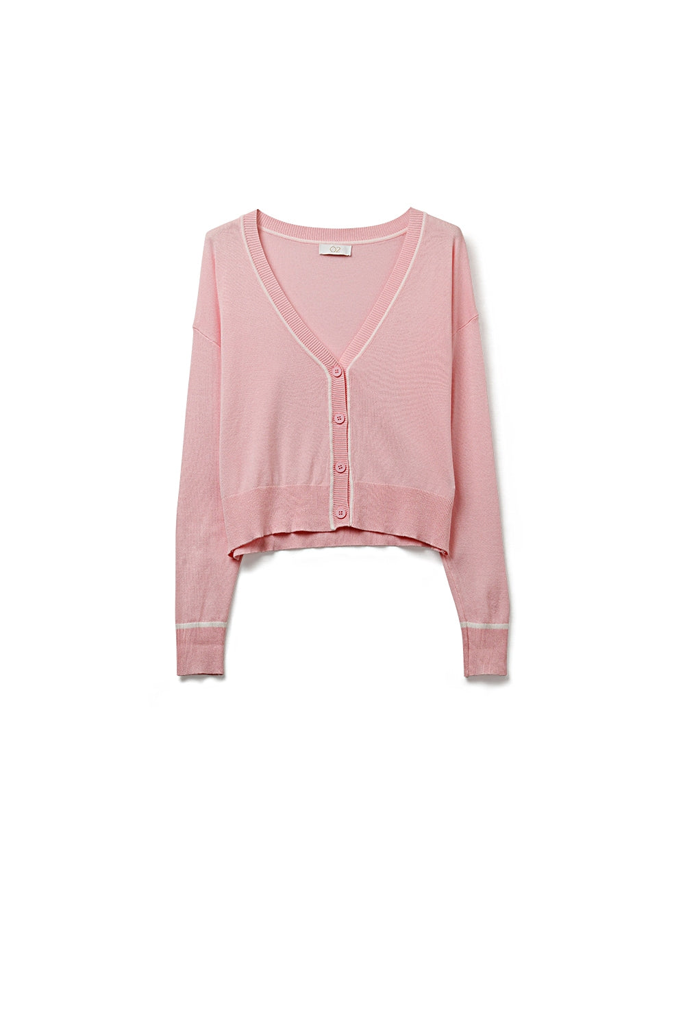 Cardigan rose en maille fine avec bordures contrastées en blanc