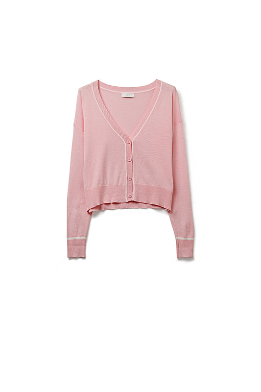 Cardigan rose en maille fine avec bordures contrastées en blanc