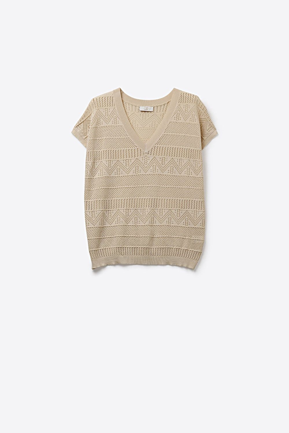 Haut pull en maille beige à col en V et manches courtes cap sleeve