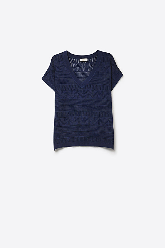 Top en tricot à col en V et texture légère bleu marine