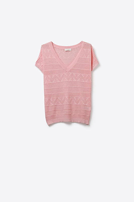 Top en tricot rose à col en V et texture à motifs