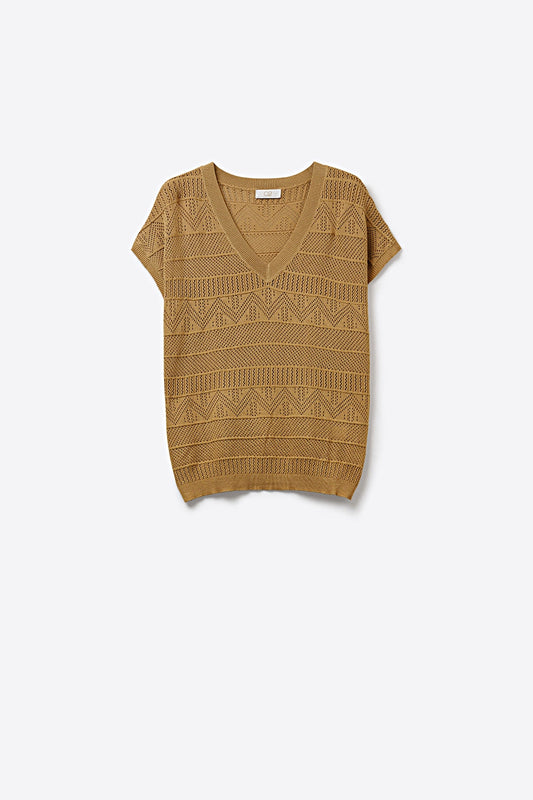 Gilet en tricot à col en V et à manches courtes Camel