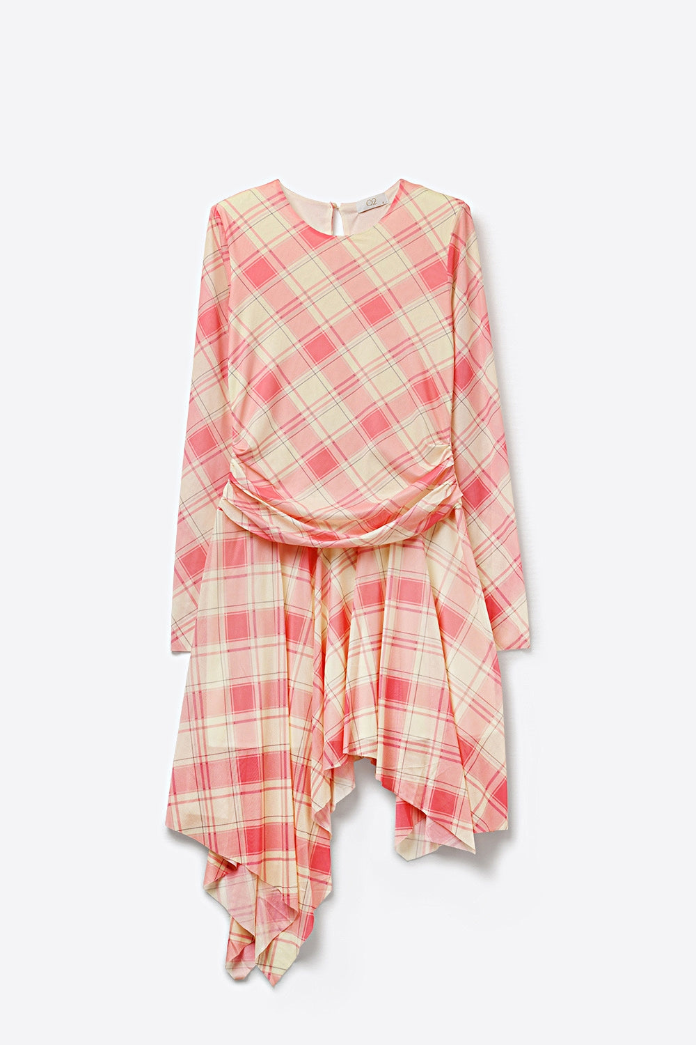 Robe asymétrique à manches longues en tissu maillé à carreaux en rose