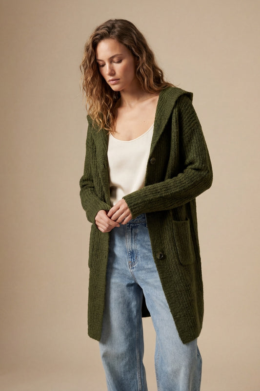 Cardigan long côtelé avec poches et capuche en kaki