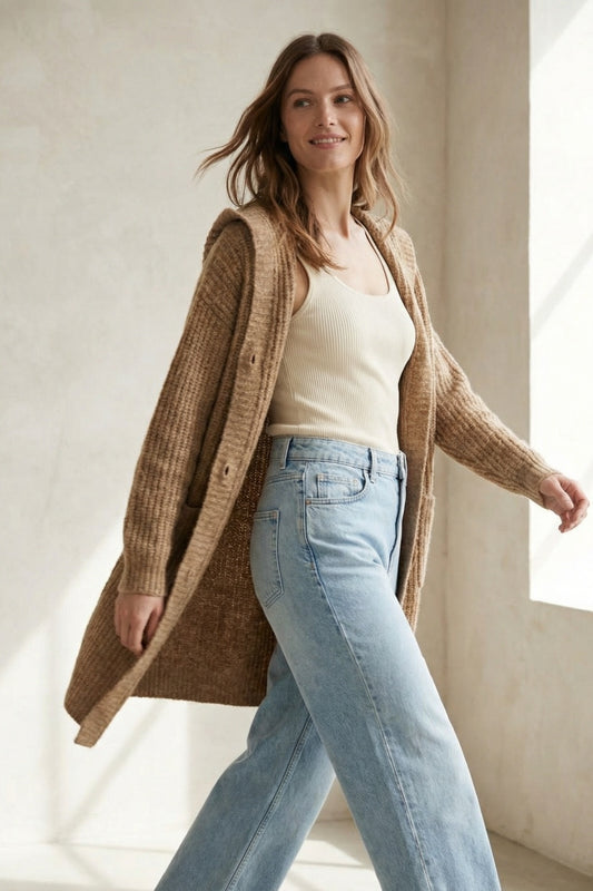 Long cardigan côtelé avec poches et capuche en camel