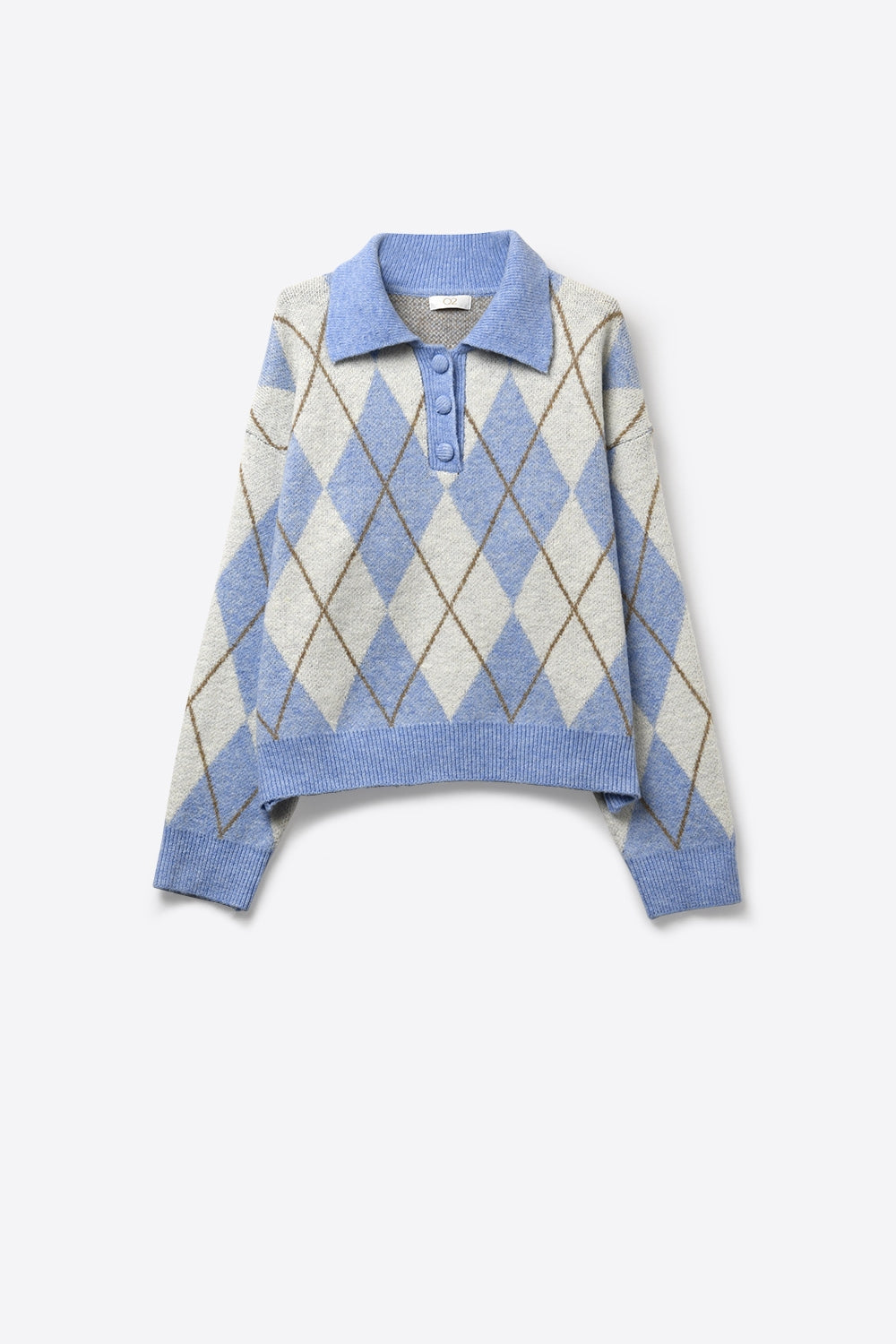 Pull en maille à motif losanges bleu à col polo