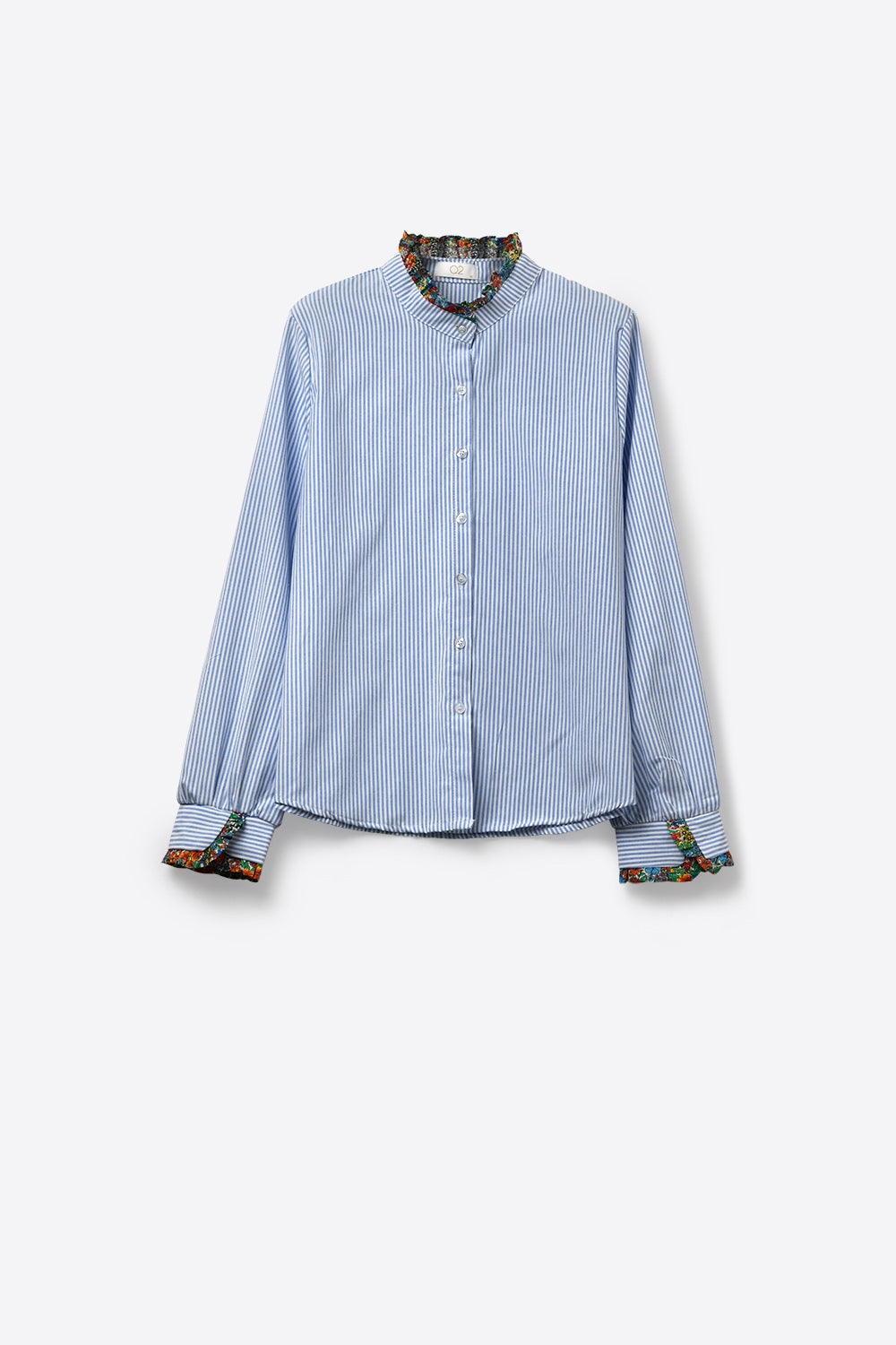 Chemise boutonnée rayée bleu clair avec bordure florale