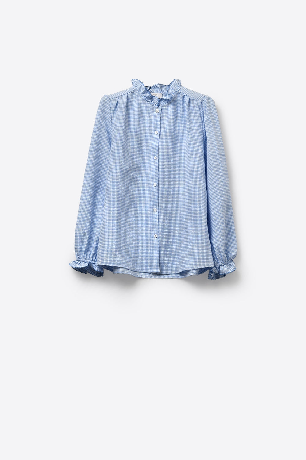 Chemise boutonnée à col roulé vichy bleu ciel