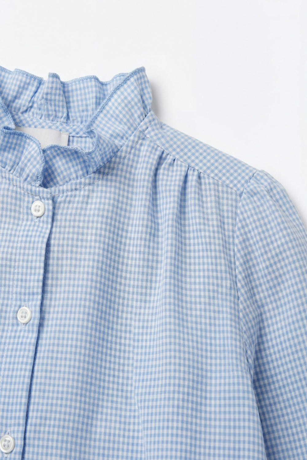 Chemise boutonnée à col roulé vichy bleu ciel