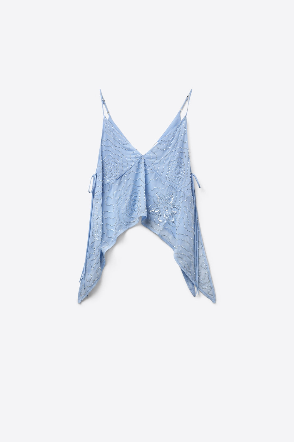 Top à ourlet asymétrique en mousseline bleu clair avec ornement de perles