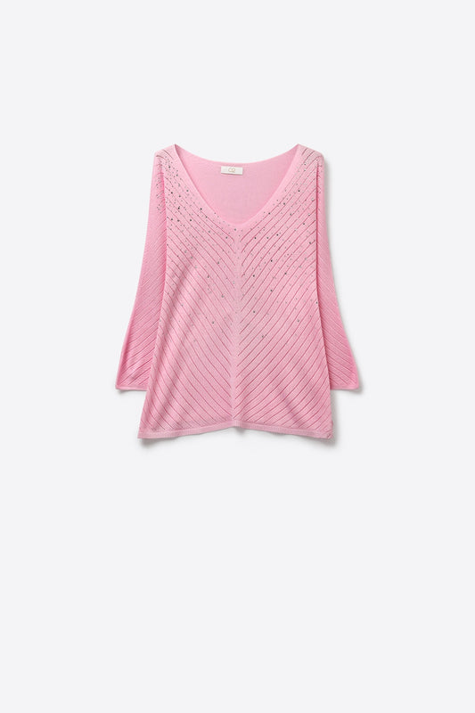 Pull en tricot léger rose à col en V avec détails en perles