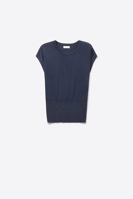 Pull léger en maille avec large bande côtelée à la taille en bleu marine