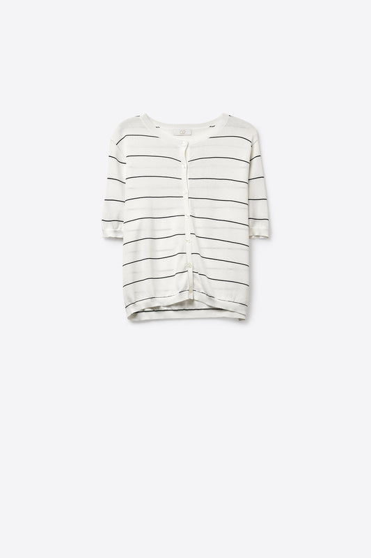 Cardigan à manches courtes en maille blanche à rayures avec boutons sur le devant
