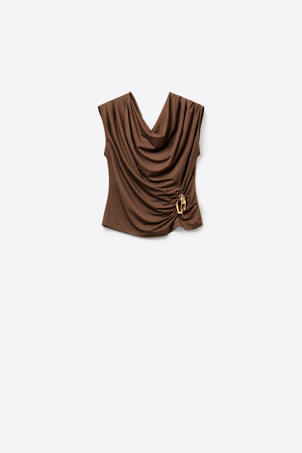 Top sans manches marron drapé avec décor en métal doré