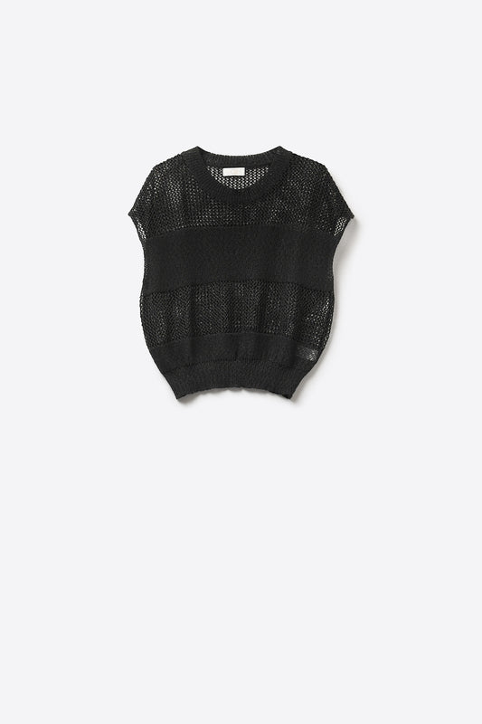 Pull noir en maille ouverte à manches courtes et coupe décontractée