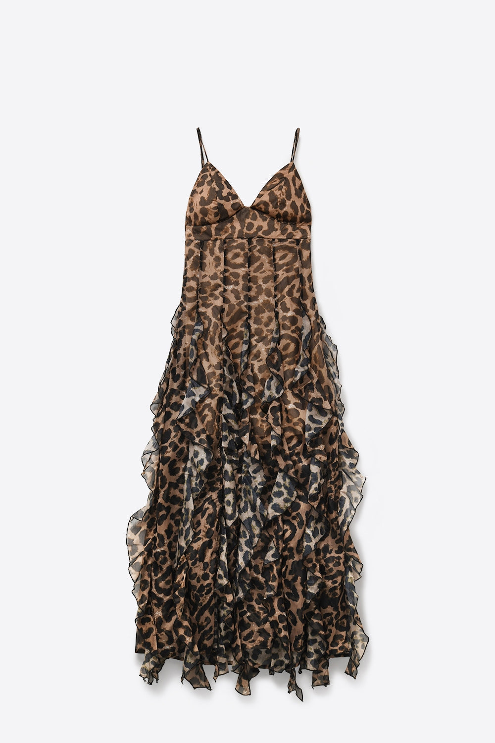 Robe maxi imprimé léopard marron en tissu chiffon avec ourlet à volants