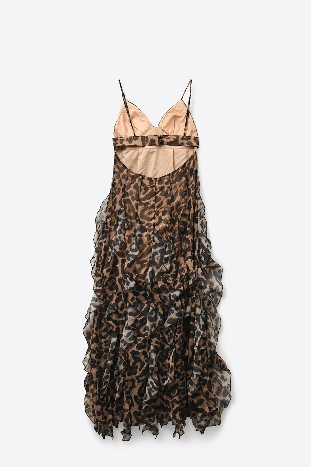 Robe maxi imprimé léopard marron en tissu chiffon avec ourlet à volants