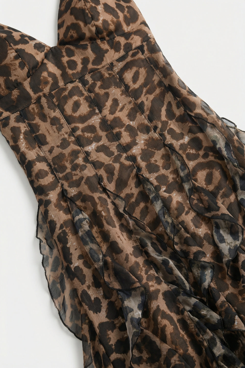 Robe maxi imprimé léopard marron en tissu chiffon avec ourlet à volants