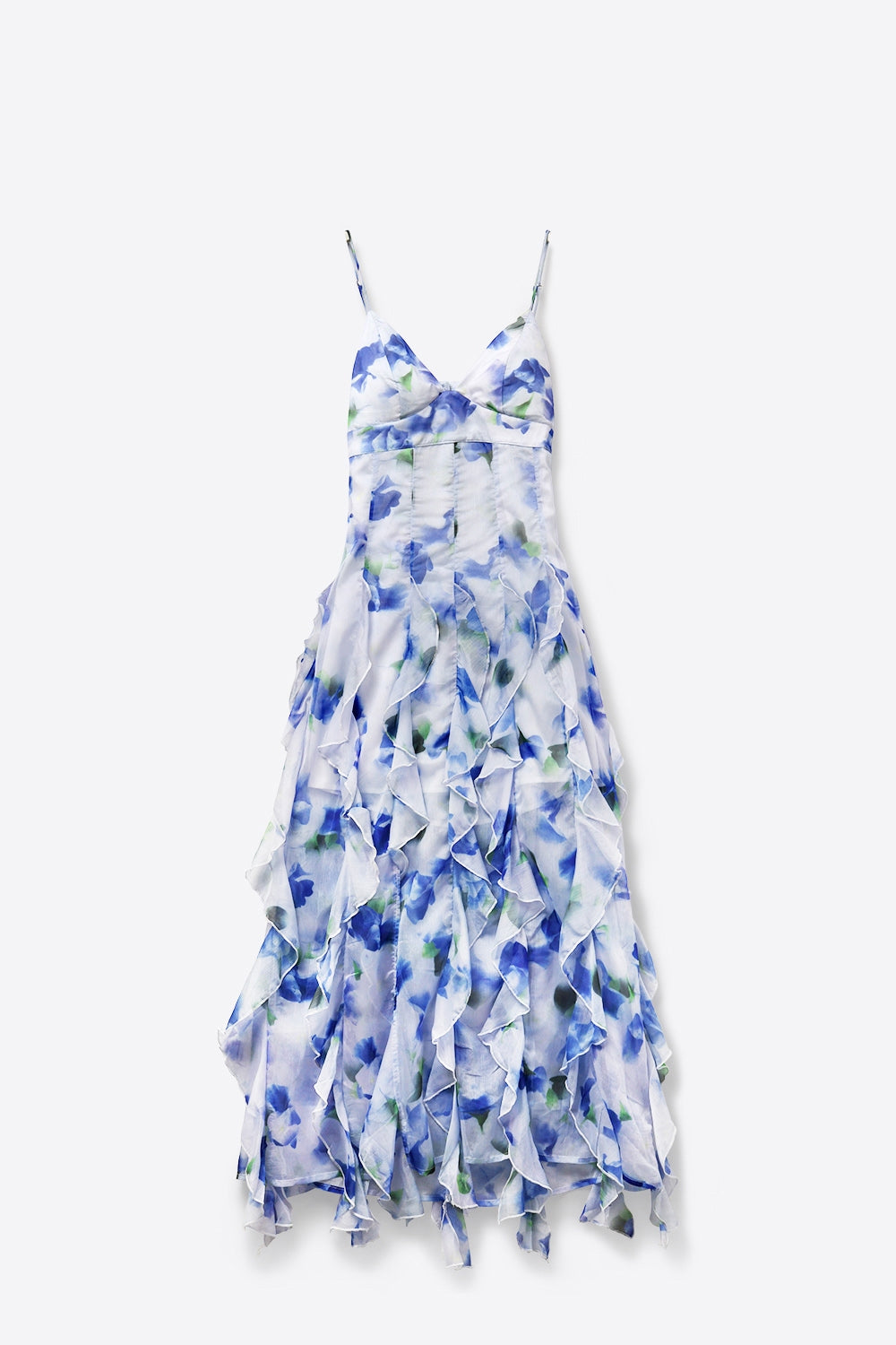 Robe de bal maxi à fleurs blanches et bleues avec volants