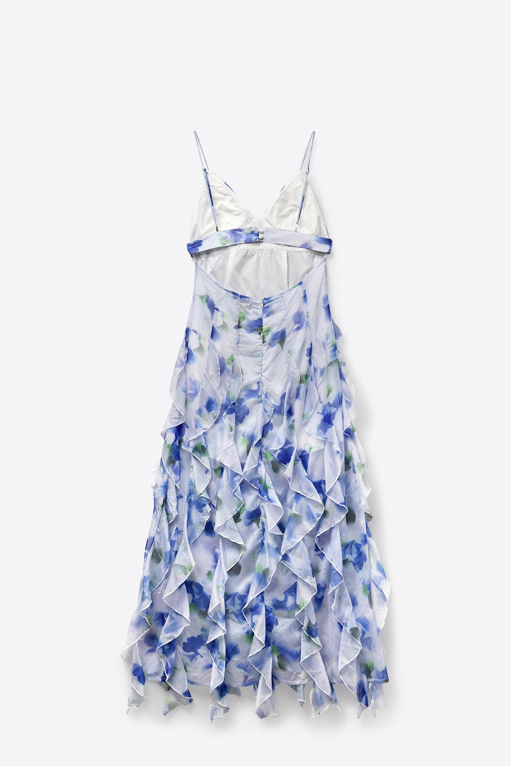 Robe de bal maxi à fleurs blanches et bleues avec volants