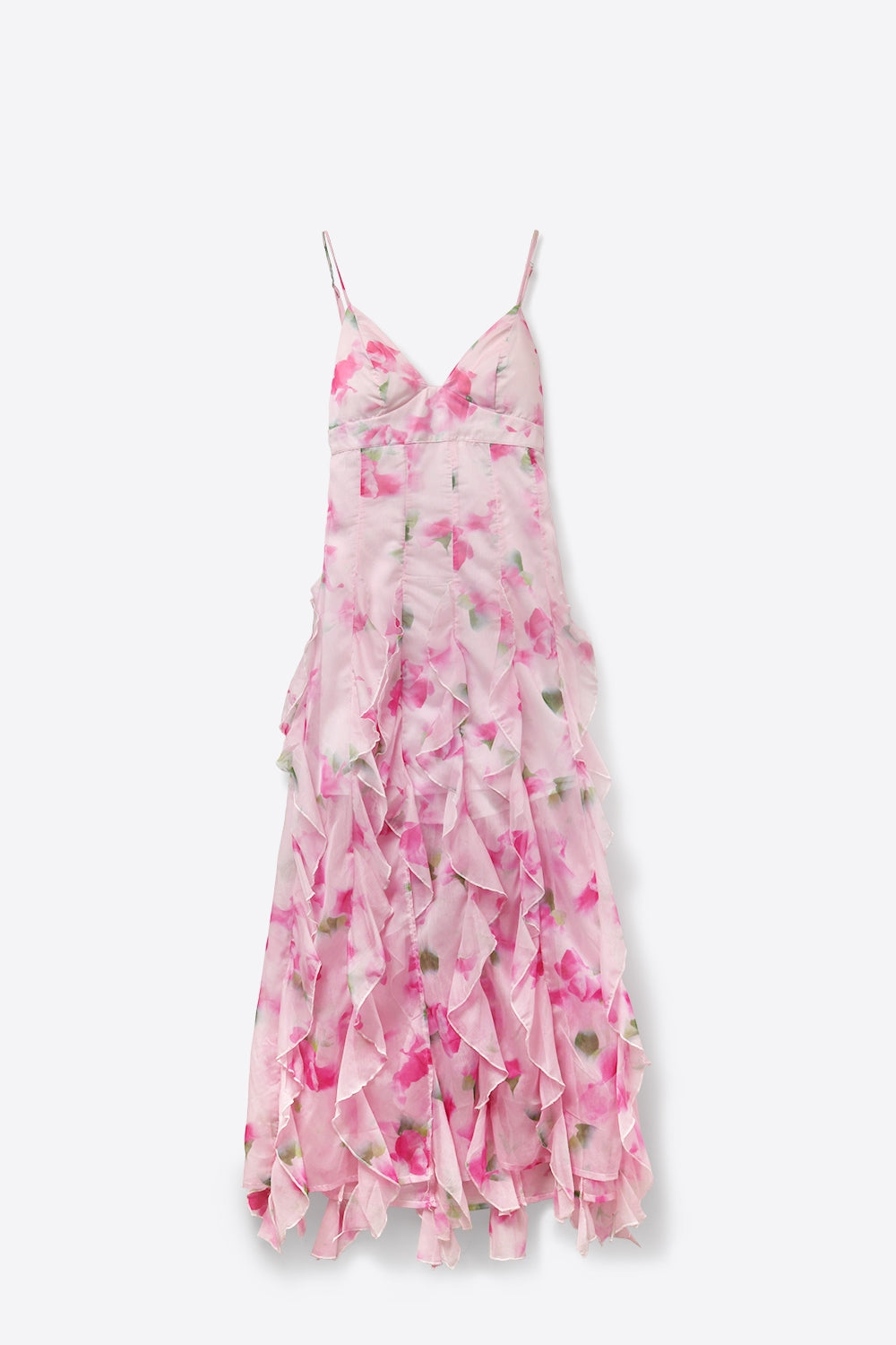 Robe de bal maxi florale blanche et rose avec volants