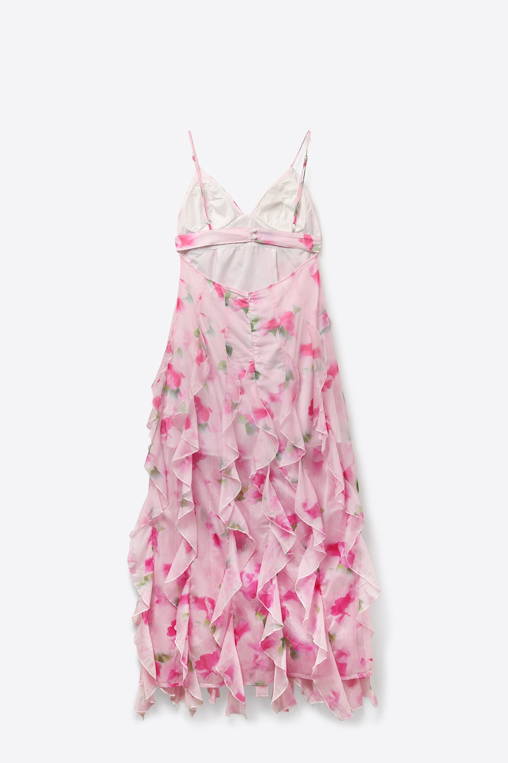 Robe de bal maxi florale blanche et rose avec volants