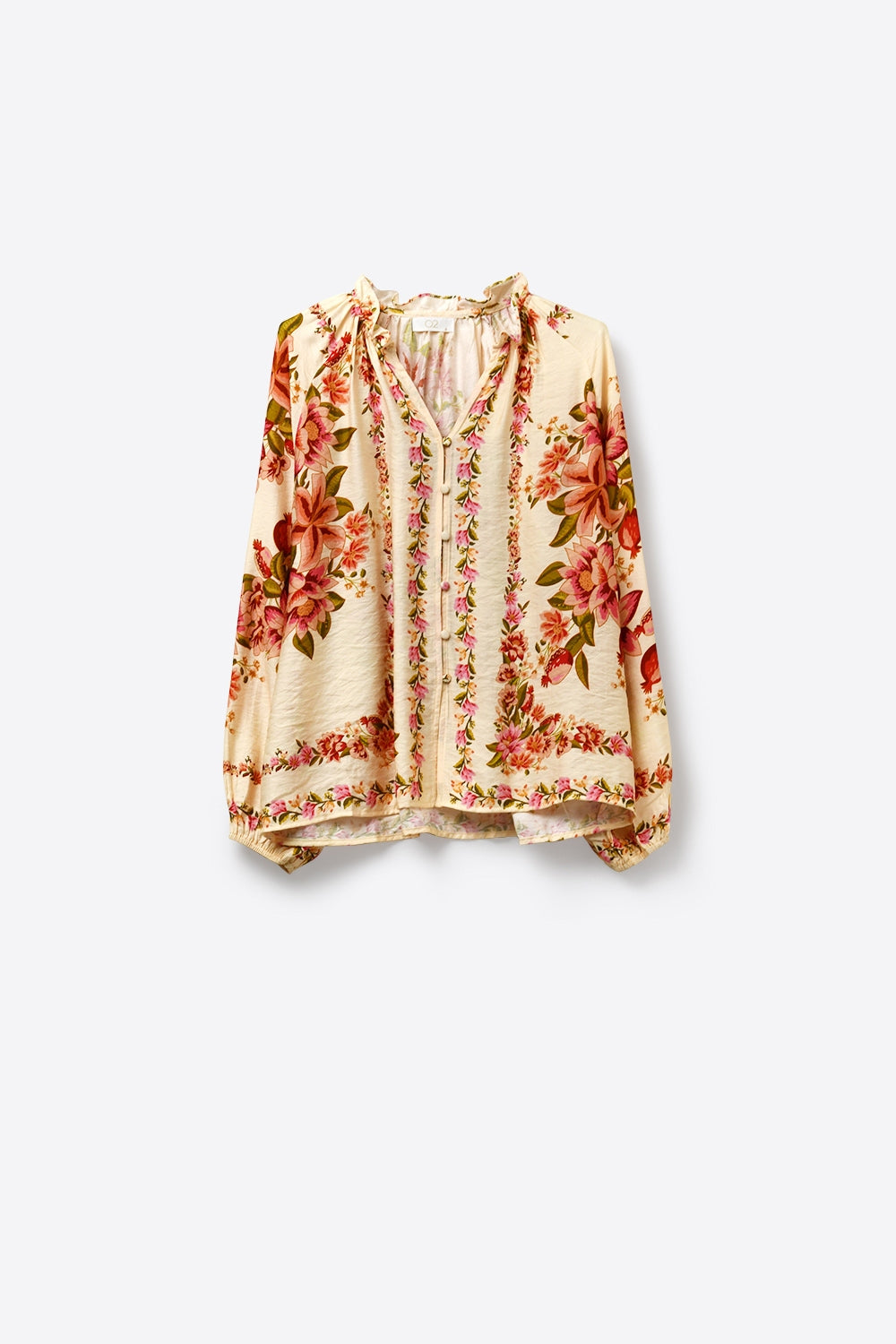 Chemisier boho à imprimé floral crème avec col à cordon de serrage