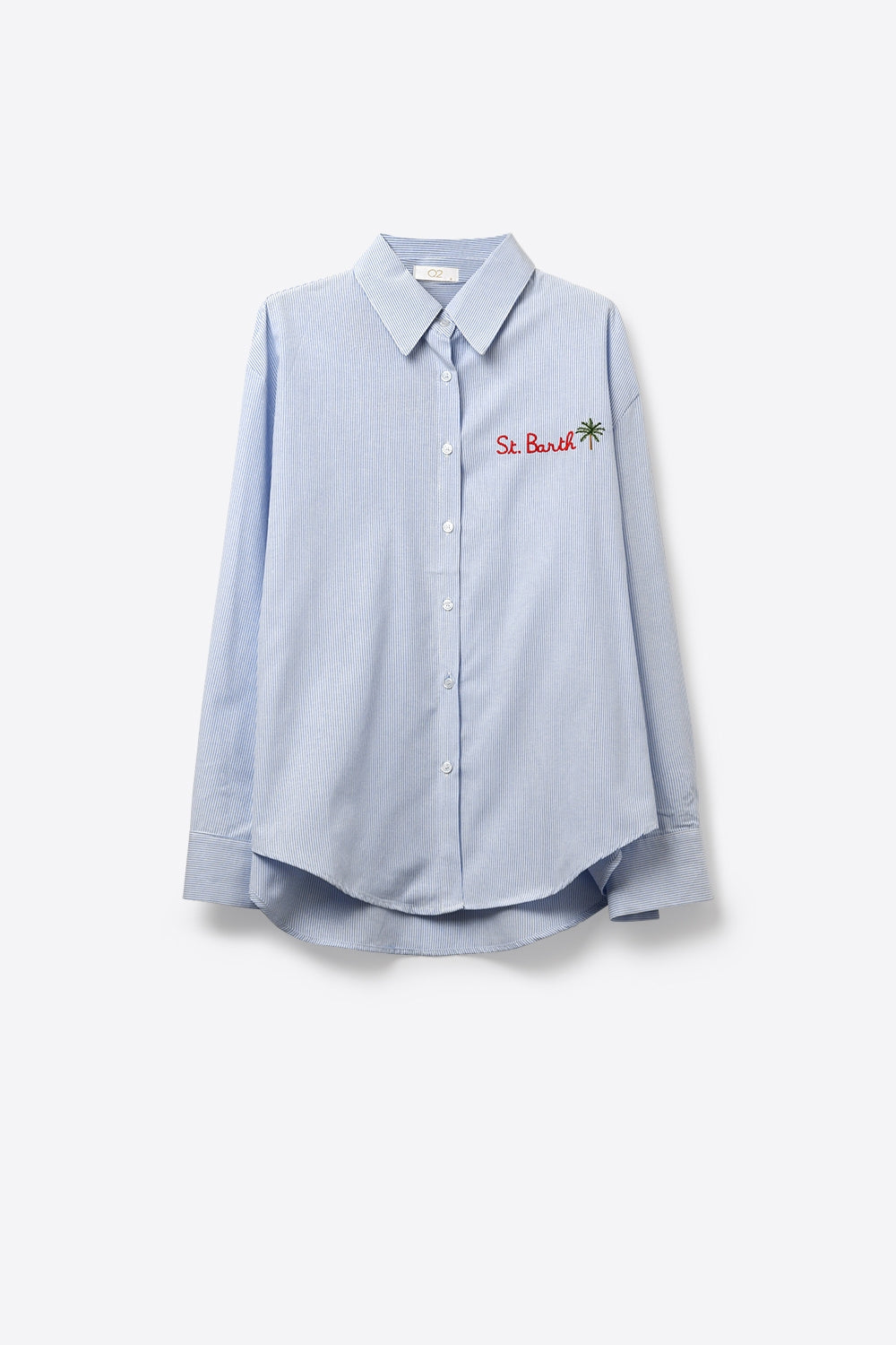 Chemise rayée bleu clair à boutons avec détail brodé St Barth
