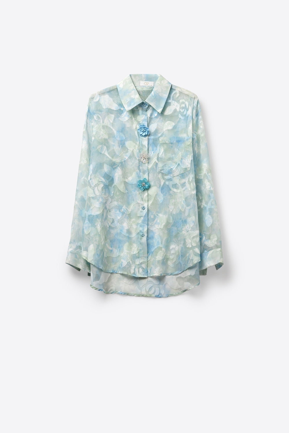 Chemise en chiffon légère à imprimé floral et boutons en bleu clair