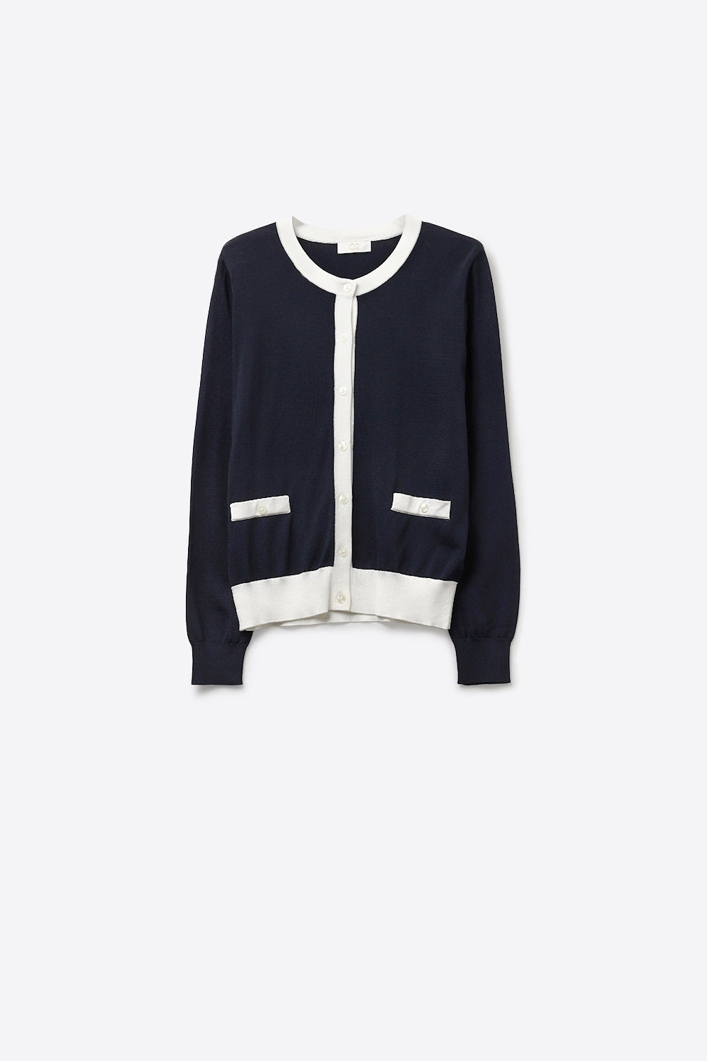 Cardigan boutonné marine avec bordures blanches