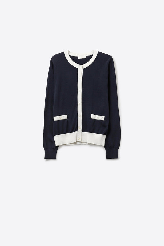 Cardigan boutonné marine avec bordures blanches