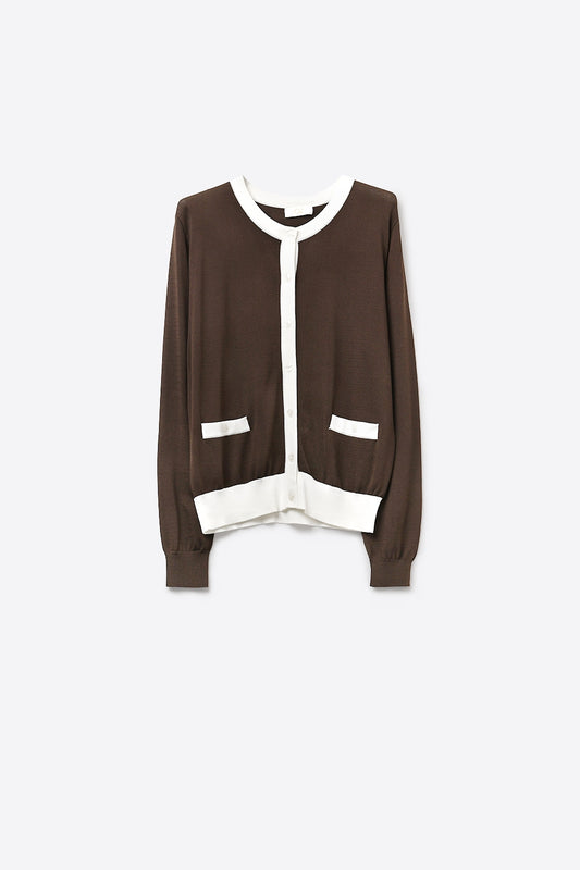 Cardigan à manches longues boutonnées à bordures contrastées marron