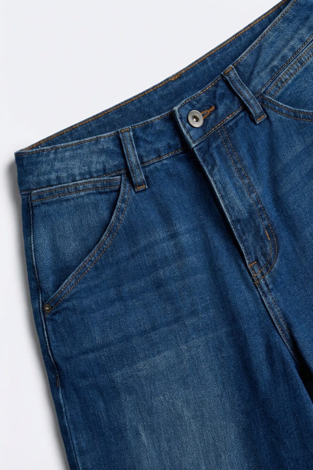 Short à jambes larges en denim bleu légèrement délavé