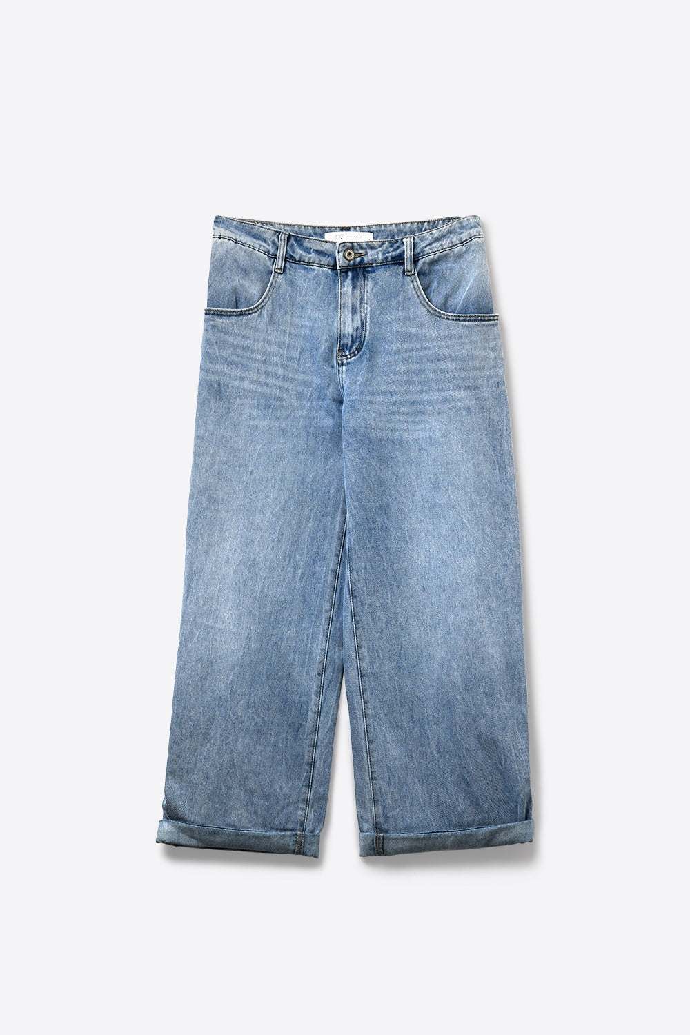 Jeans extensibles à jambe droite avec ourlet roulé en lavage léger