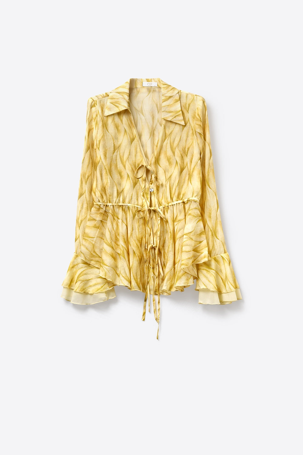 Blouse jaune transparente à imprimé avec ceinture nouée et ourlet volanté
