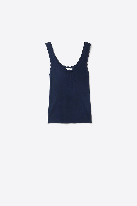 Débardeur en tricot côtelé à encolure festonnée marine
