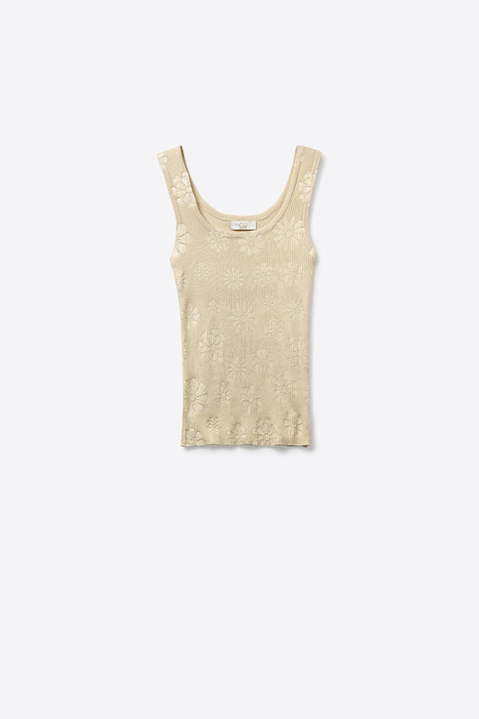 Débardeur beige en tricot côtelé brodé de fleurs