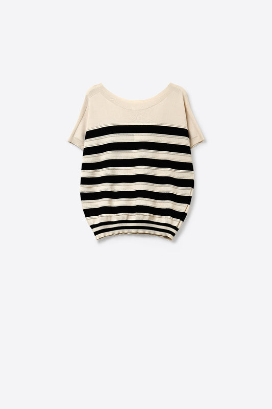 pull rayé beige et noir à manches courtes