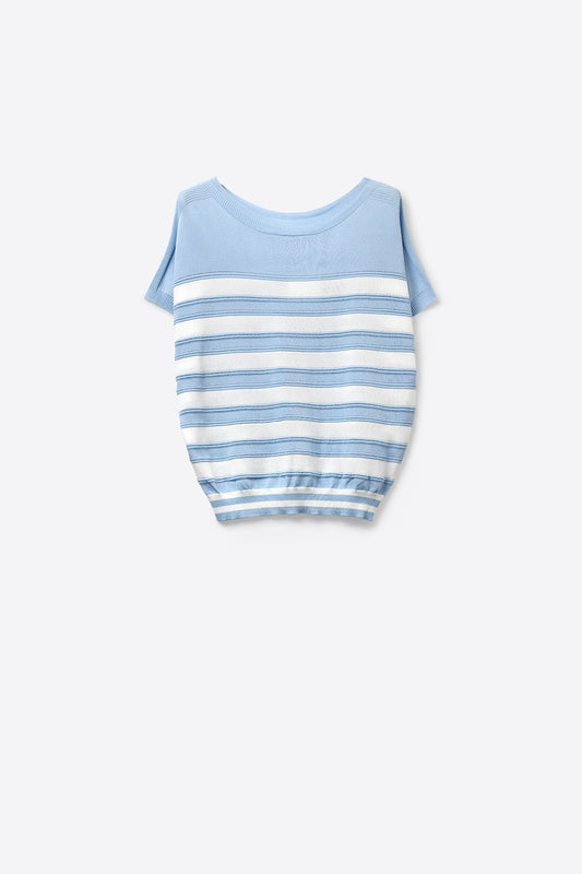 Pull à manches courtes en tricot rayé bleu clair