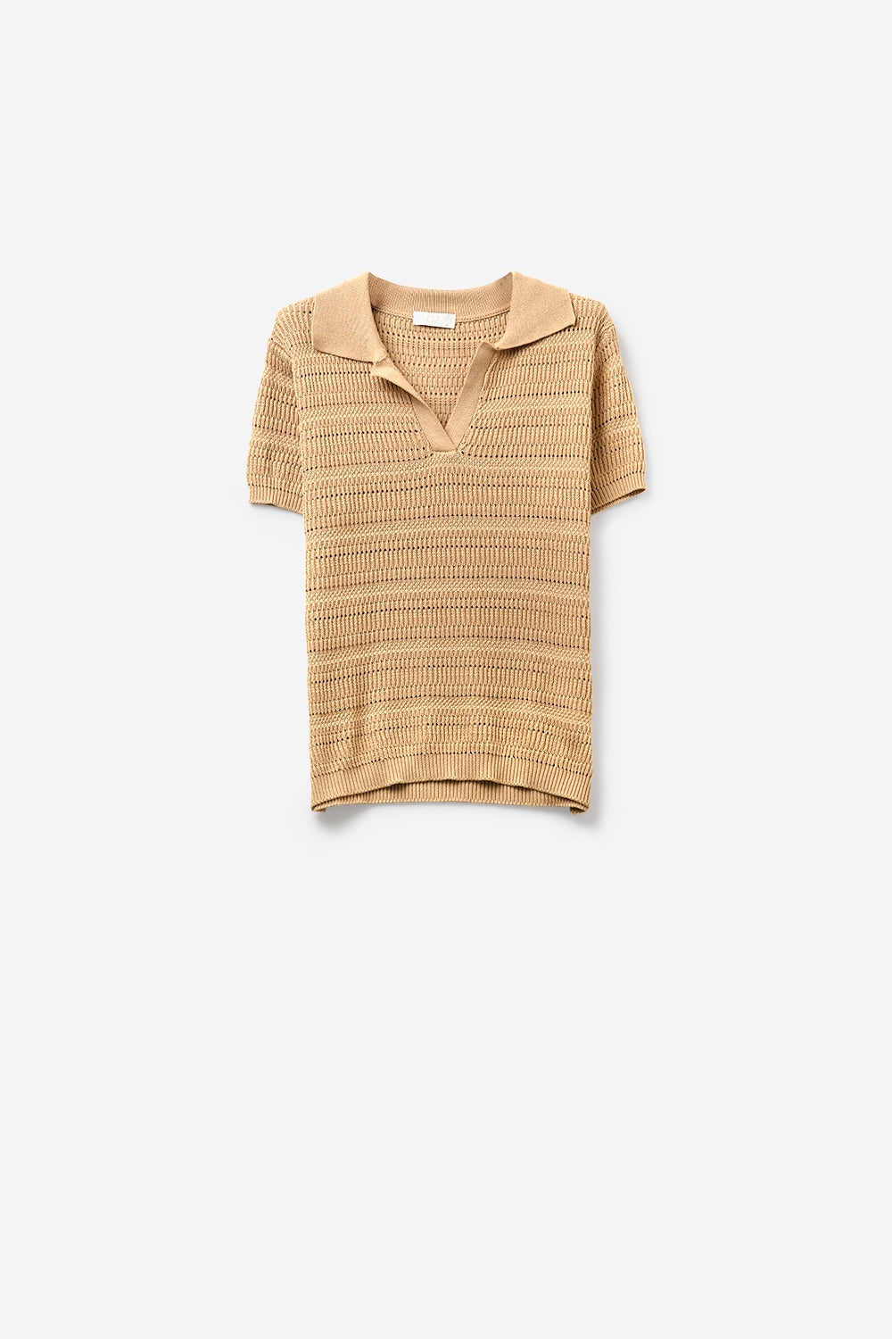 Polo en maille texturée camel avec col en V