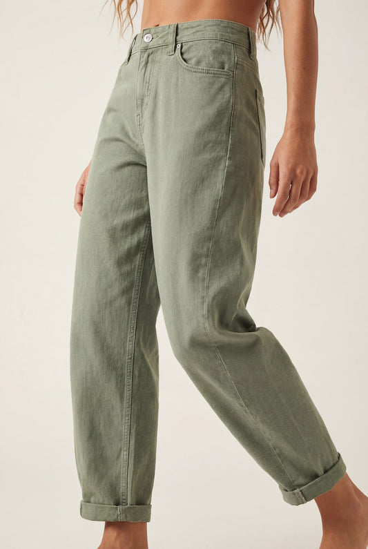 Pantalon taille haute style barrel en kaki doux